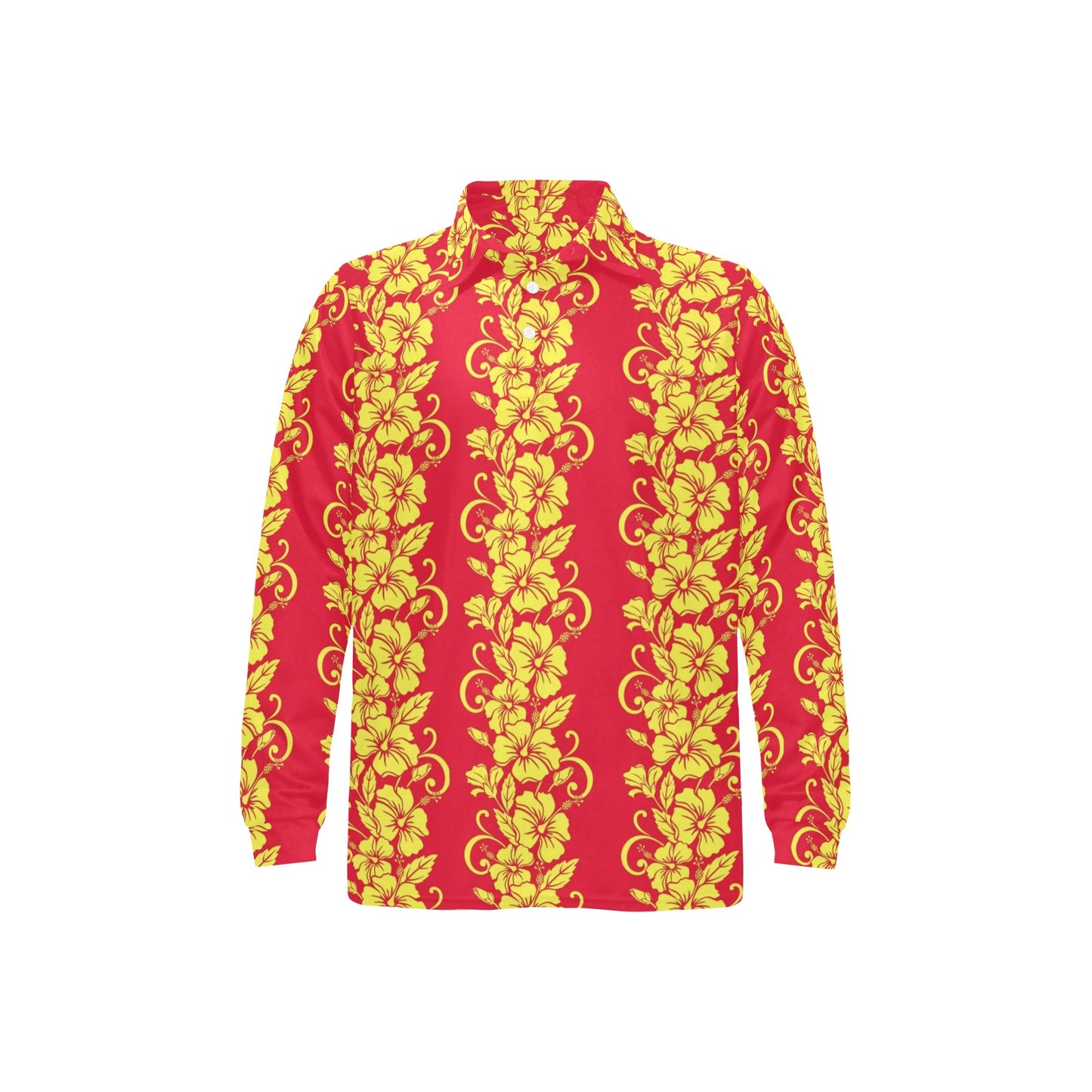 Orange Hibiscus Pattern Print Design HB018 Long Sleeve Polo Shirt For Men's