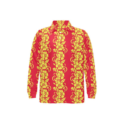 Orange Hibiscus Pattern Print Design HB018 Long Sleeve Polo Shirt For Men's