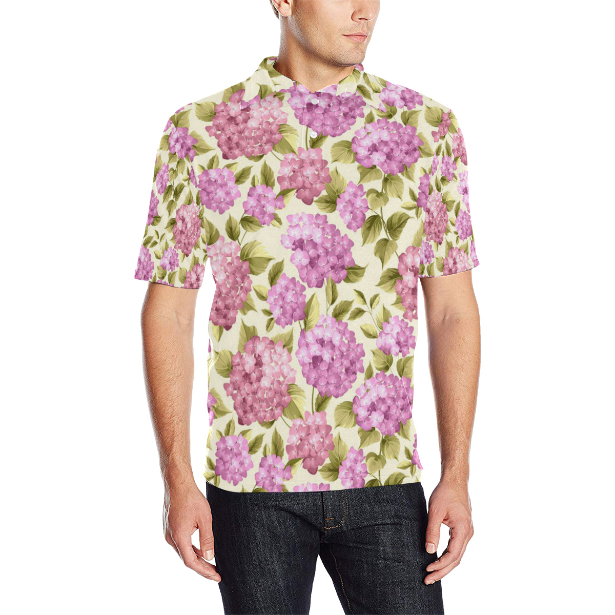 Hydrangea Pattern Print Design HD05 Men Polo Shirt
