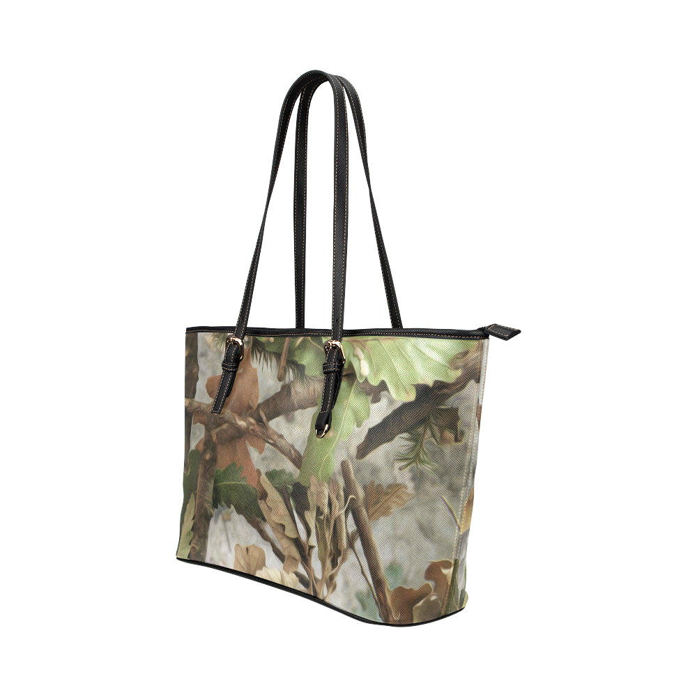 Camo Realistic Tree Forest Print Leather Tote Bag