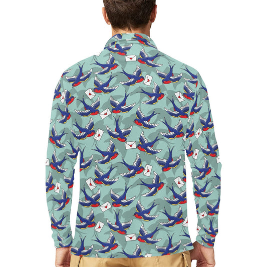 Swallow Bird Pattern Print Design 02 Long Sleeve Polo Shirt For Men's