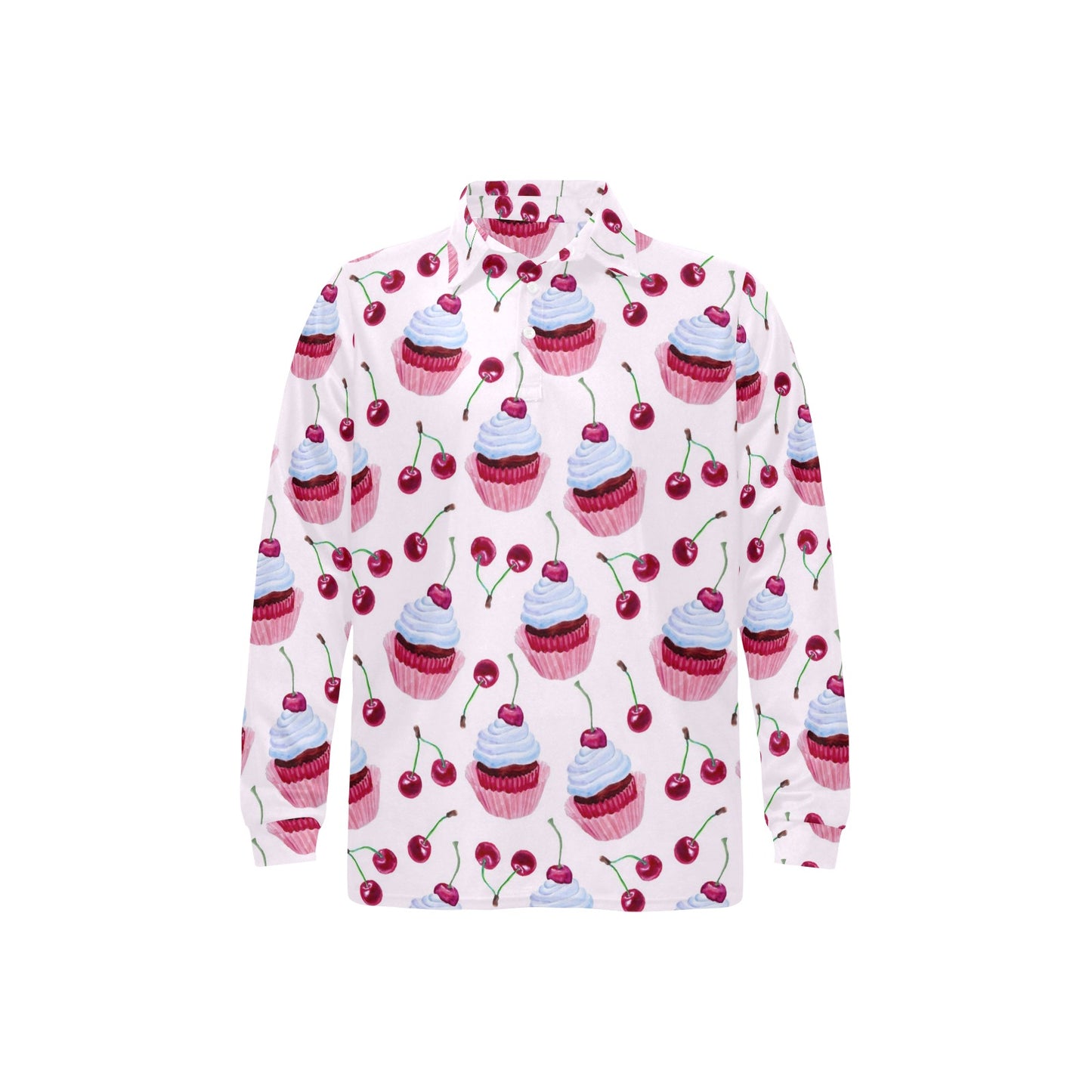 Cherry Cupcake Pink Pattern Long Sleeve Polo Shirt For Men's