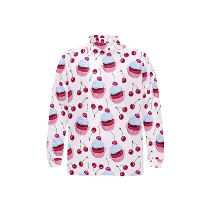Cherry Cupcake Pink Pattern Long Sleeve Polo Shirt For Men's