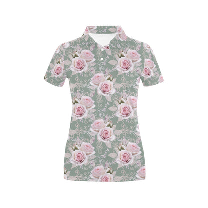 Rose White Pattern Print Design RO012 Women's Polo Shirt