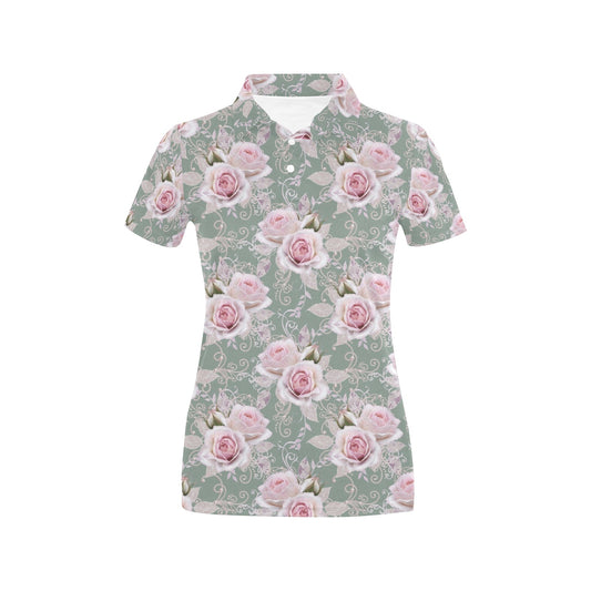 Rose White Pattern Print Design RO012 Women's Polo Shirt