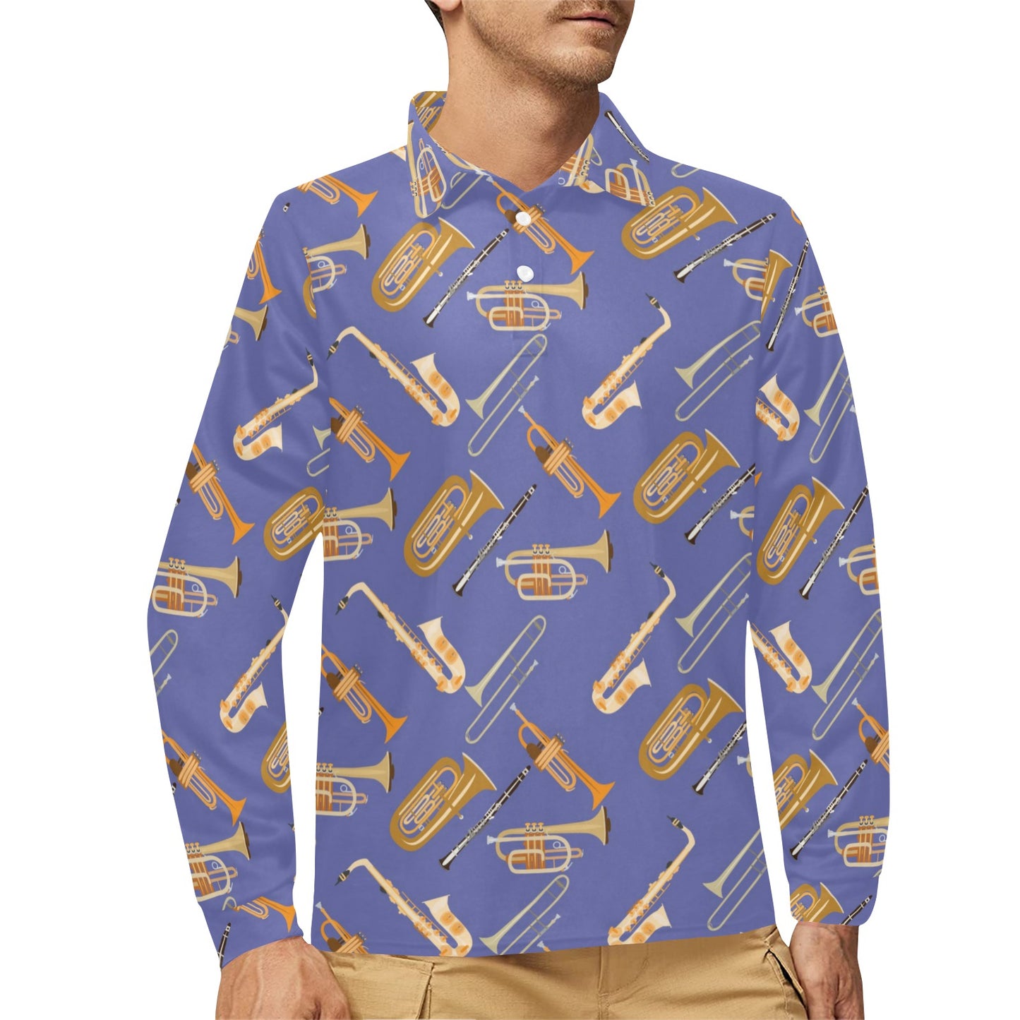 Trombone Pattern Print Design 02 Long Sleeve Polo Shirt For Men's