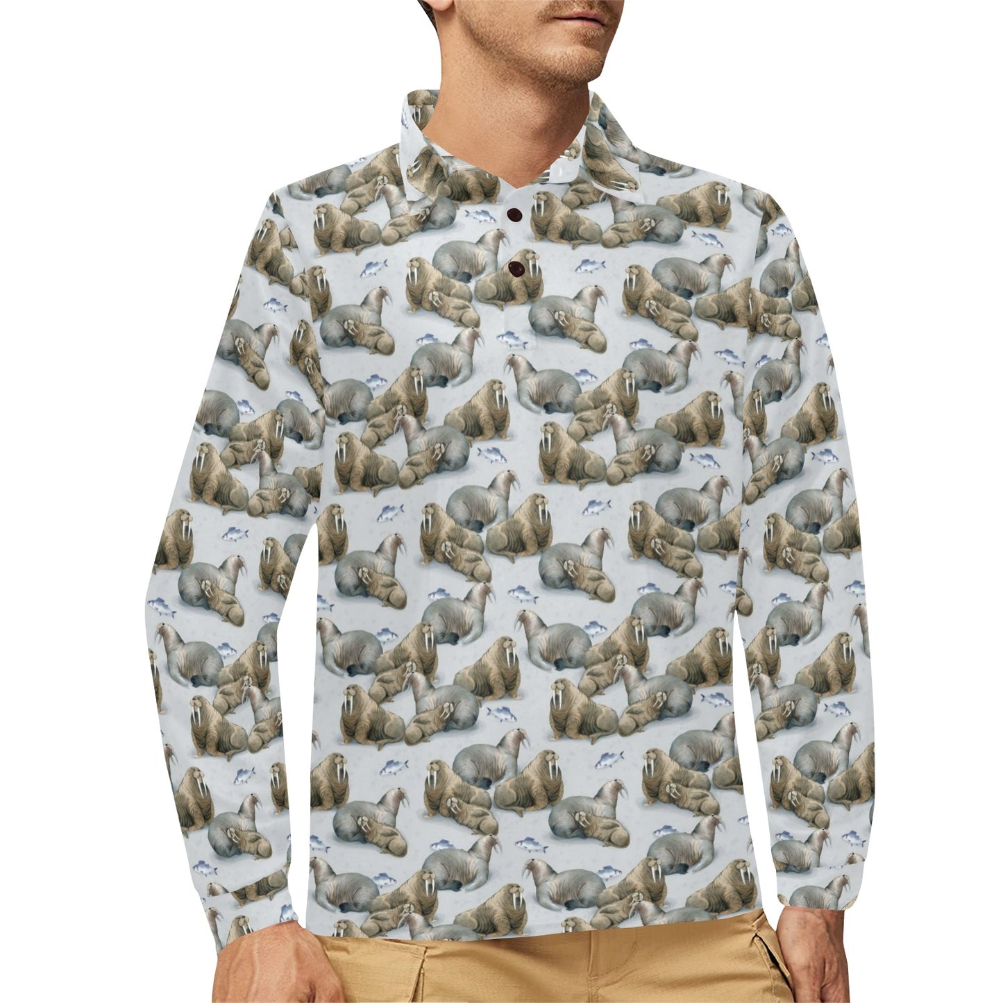 Walrus Print Design LKS401 Long Sleeve Polo Shirt For Men's