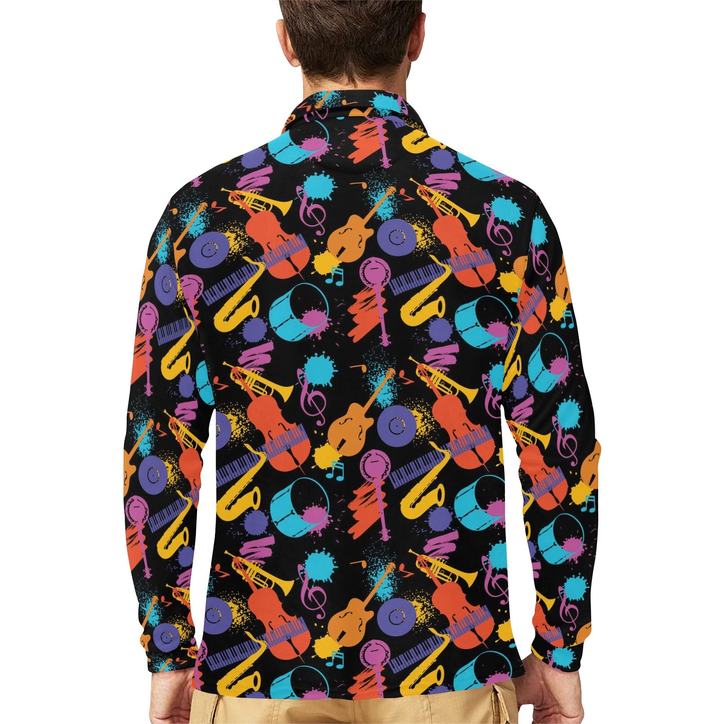Saxophone Print Design LKS406 Long Sleeve Polo Shirt For Men's