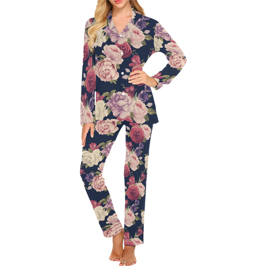 Peony Pattern Print Design PE03 Women's Long Pajama Set
