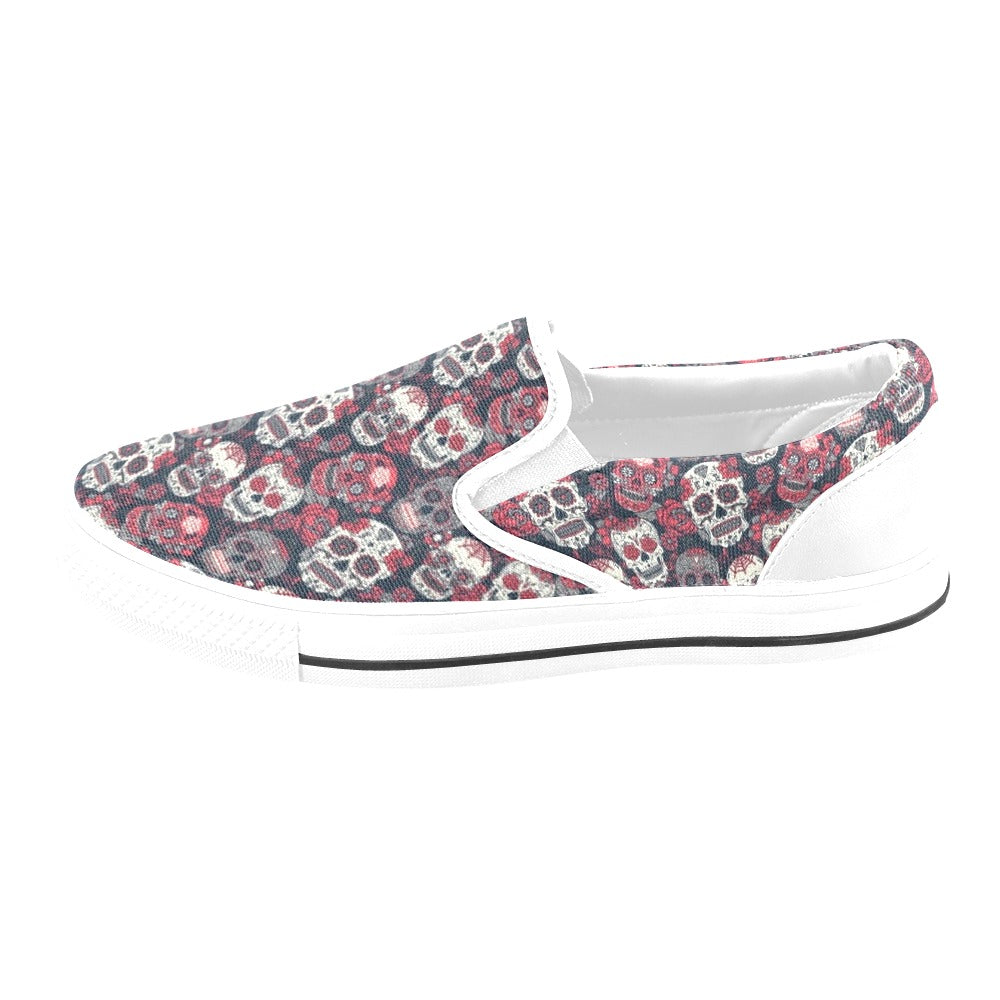 Sugar Skull Print Design LKS303 White Slip Ons Canvas Women's Shoes
