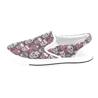 Sugar Skull Print Design LKS303 White Slip Ons Canvas Women's Shoes