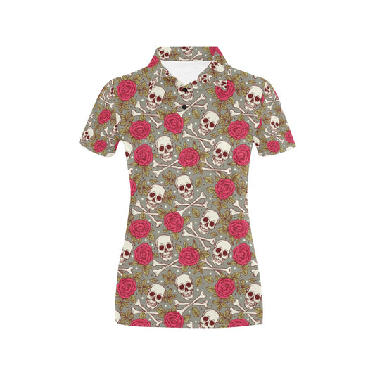 Skull Bone Rose Print Design LKS303 Women's Polo Shirt