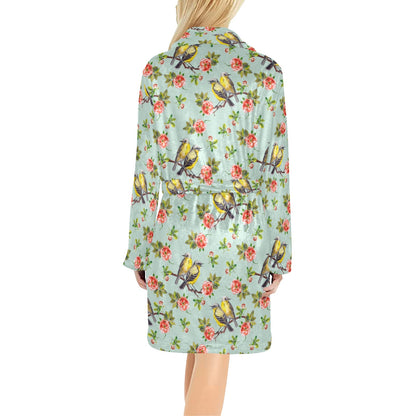Bird with Red Flower Print Pattern Women's Fleece Robe