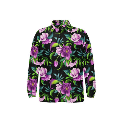 Bright Purple Floral Pattern Long Sleeve Polo Shirt For Men's