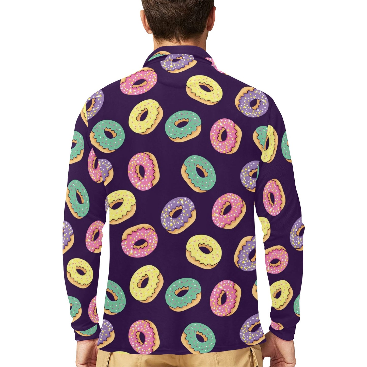 Donut Pattern Print Design DN08 Long Sleeve Polo Shirt For Men's