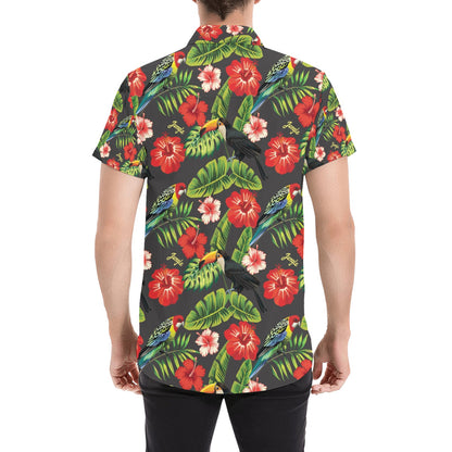 Hibiscus Red With Parrotprint Design LKS303 Men Short Sleeve Button Up Shirt