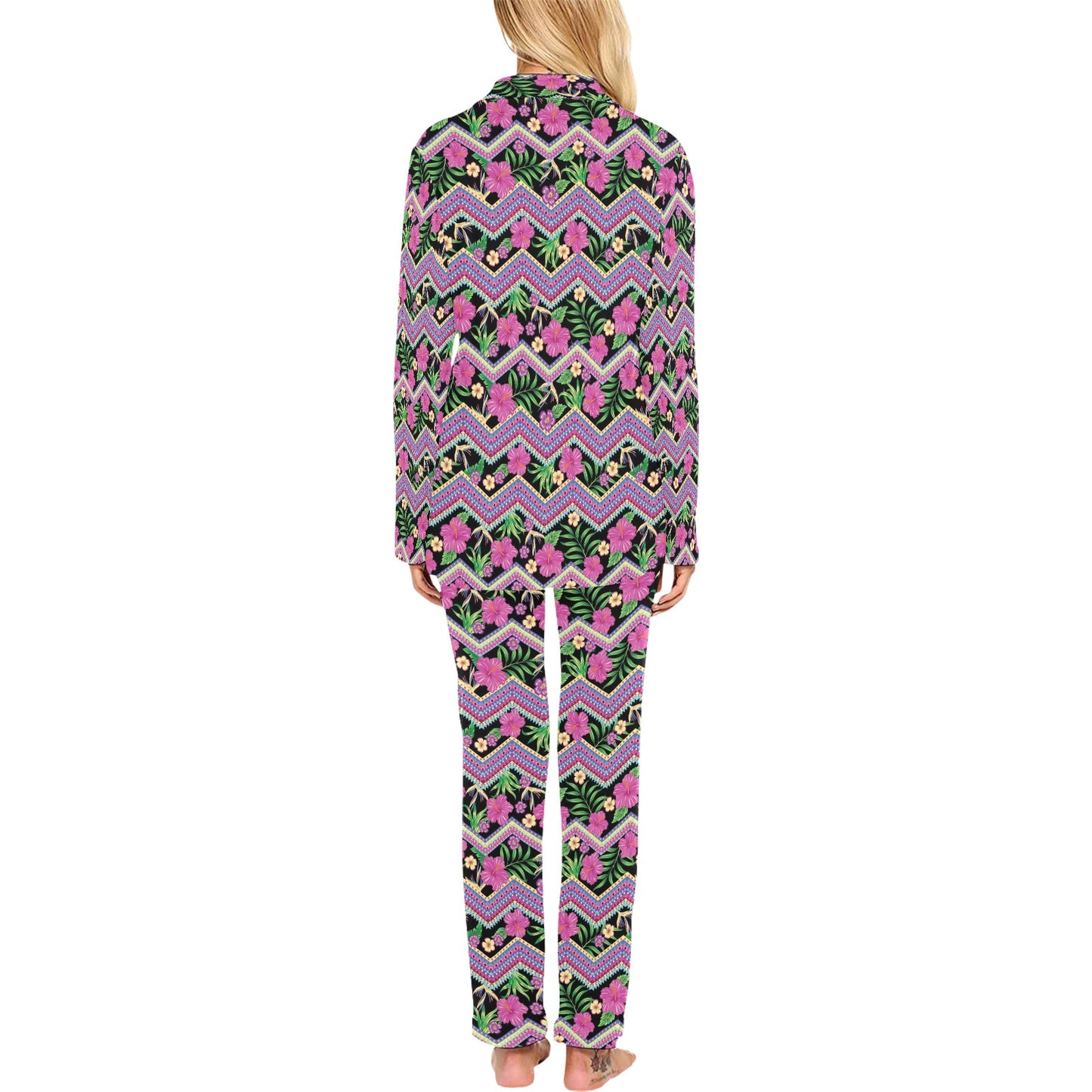Hibiscus Pink Zigzag Line Pattern Design LKS307 Women's Long Pajama Set