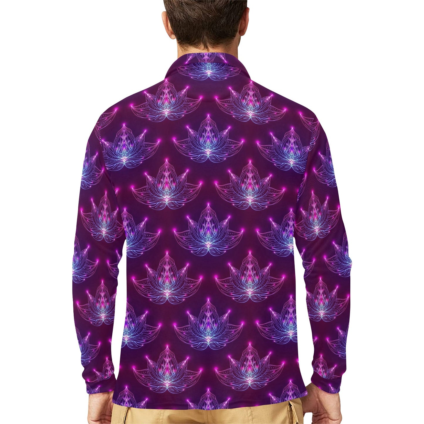 lotus Pattern Print Design LO01 Long Sleeve Polo Shirt For Men's