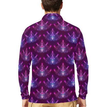 lotus Pattern Print Design LO01 Long Sleeve Polo Shirt For Men's