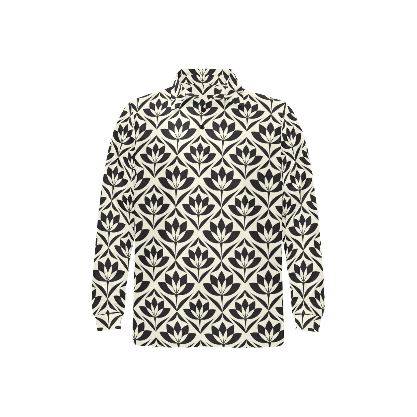 Lotus Pattern Print Long Sleeve Polo Shirt For Men's