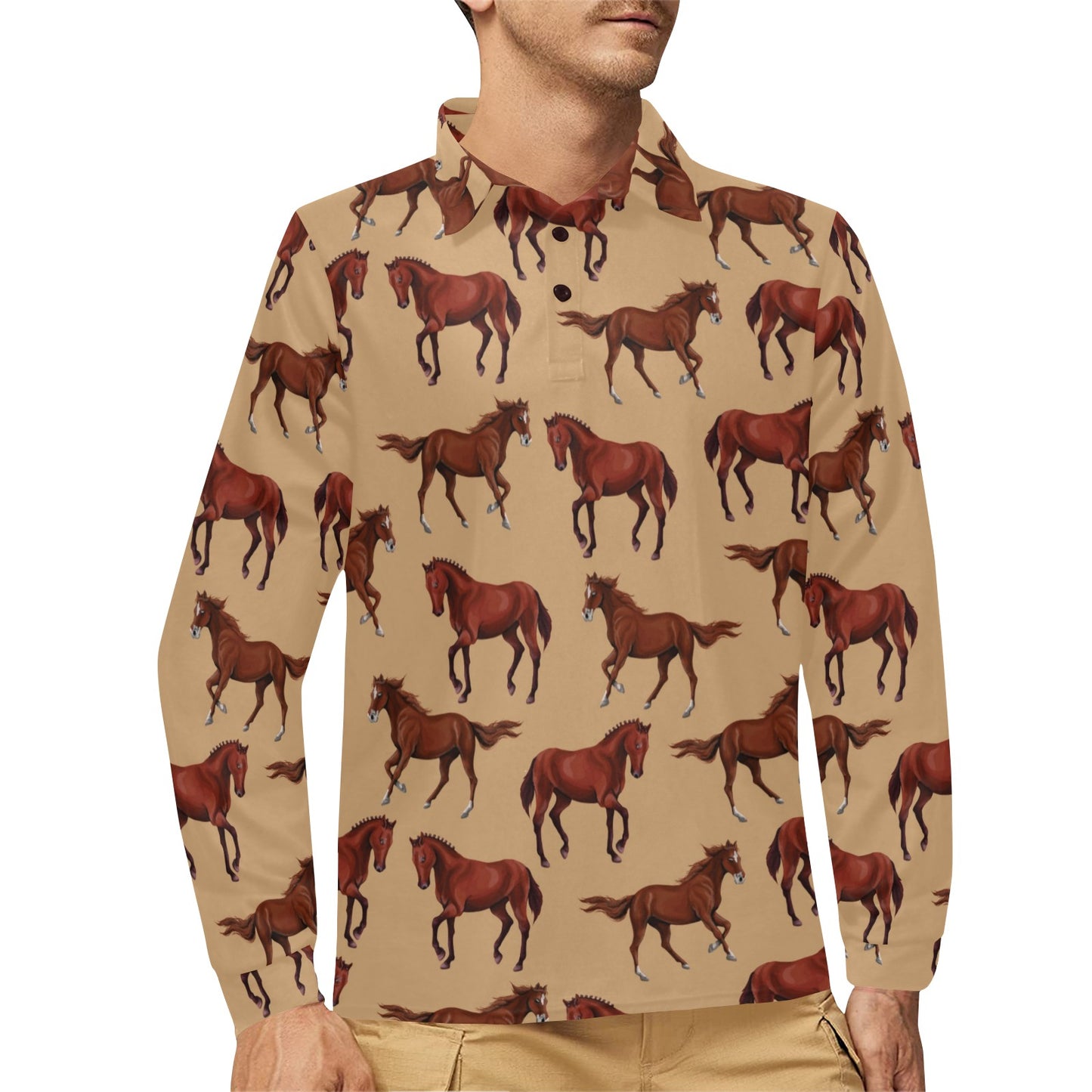 Brown Horse Print Pattern Long Sleeve Polo Shirt For Men's