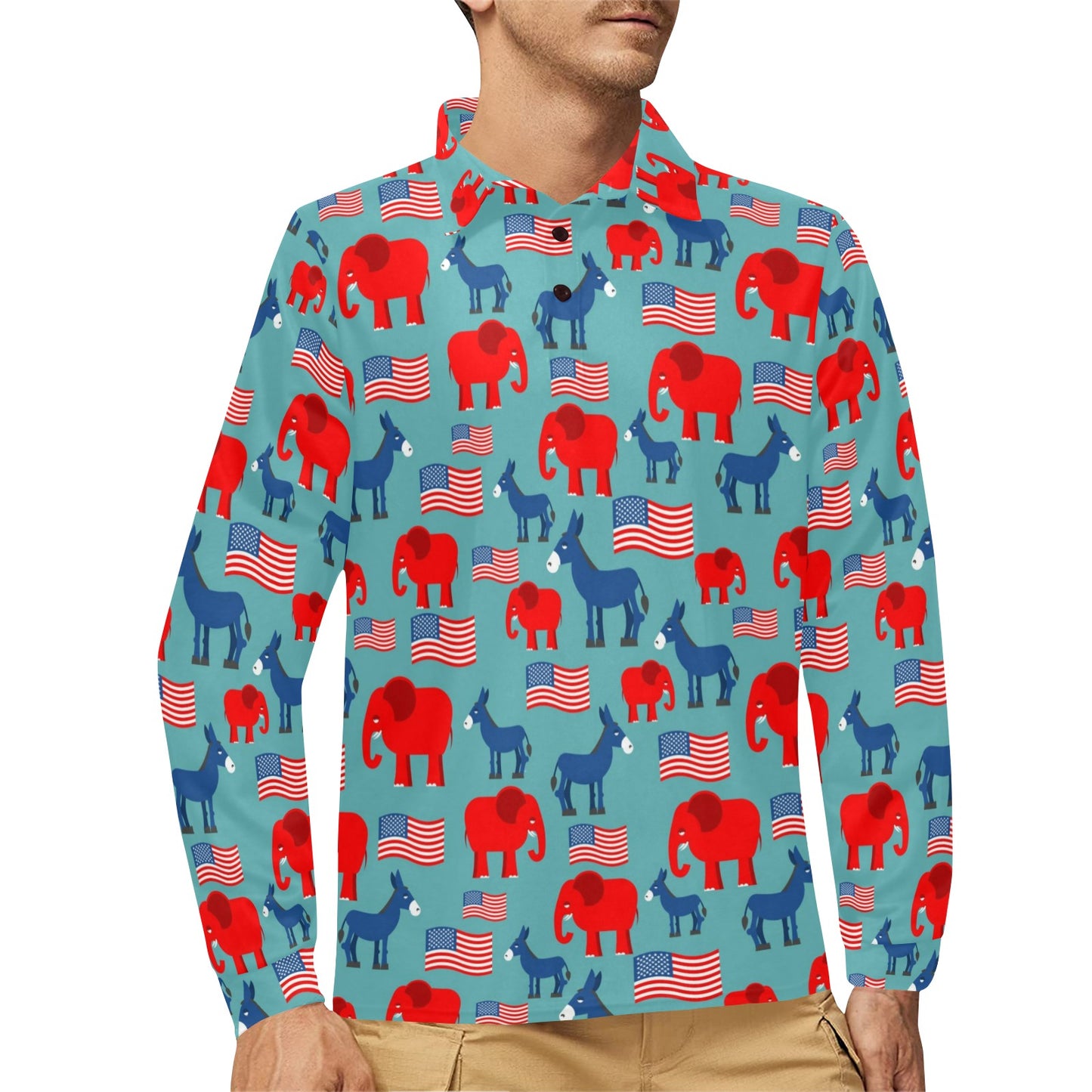 Donkey Red Elephant Pattern Print Design 03 Long Sleeve Polo Shirt For Men's