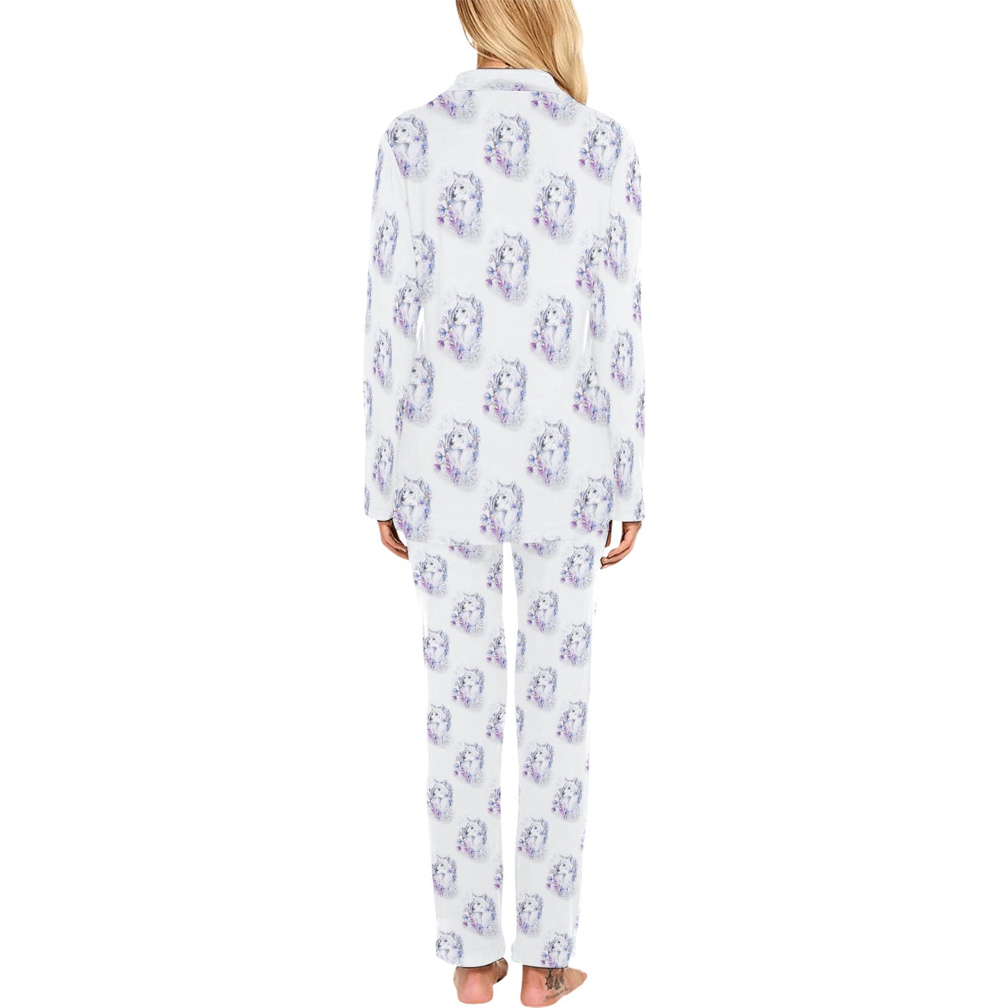 Wolf with Flower Print Design Women's Long Pajama Set