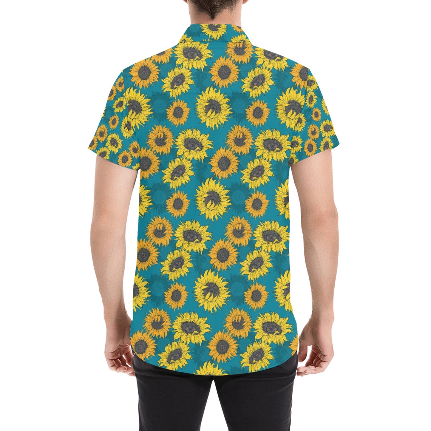 Sunflower Print Design LKS301 Men Short Sleeve Button Up Shirt