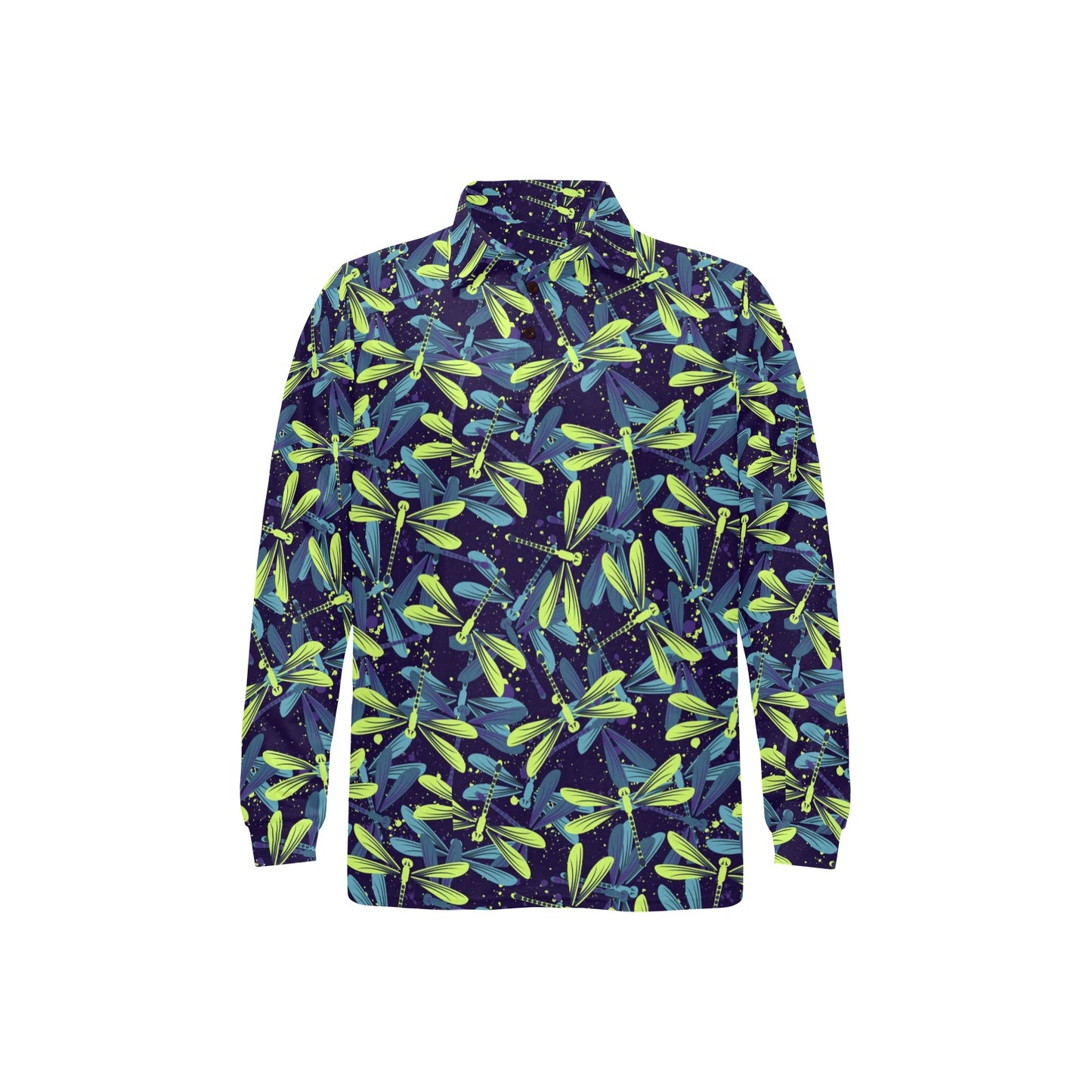 Dragonfly Lime Blue Print Pattern Long Sleeve Polo Shirt For Men's