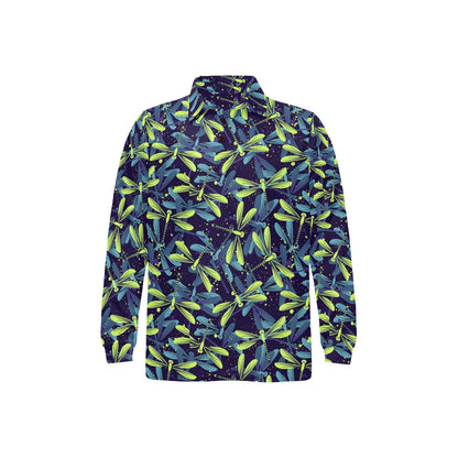 Dragonfly Lime Blue Print Pattern Long Sleeve Polo Shirt For Men's