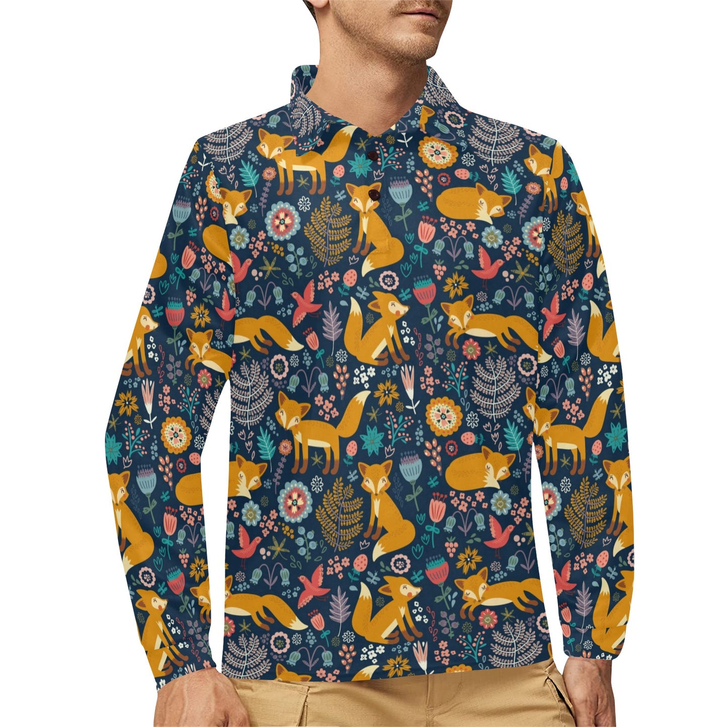 Fox Cute Jungle Print Pattern Long Sleeve Polo Shirt For Men's