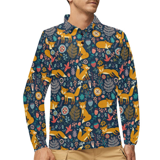 Fox Cute Jungle Print Pattern Long Sleeve Polo Shirt For Men's
