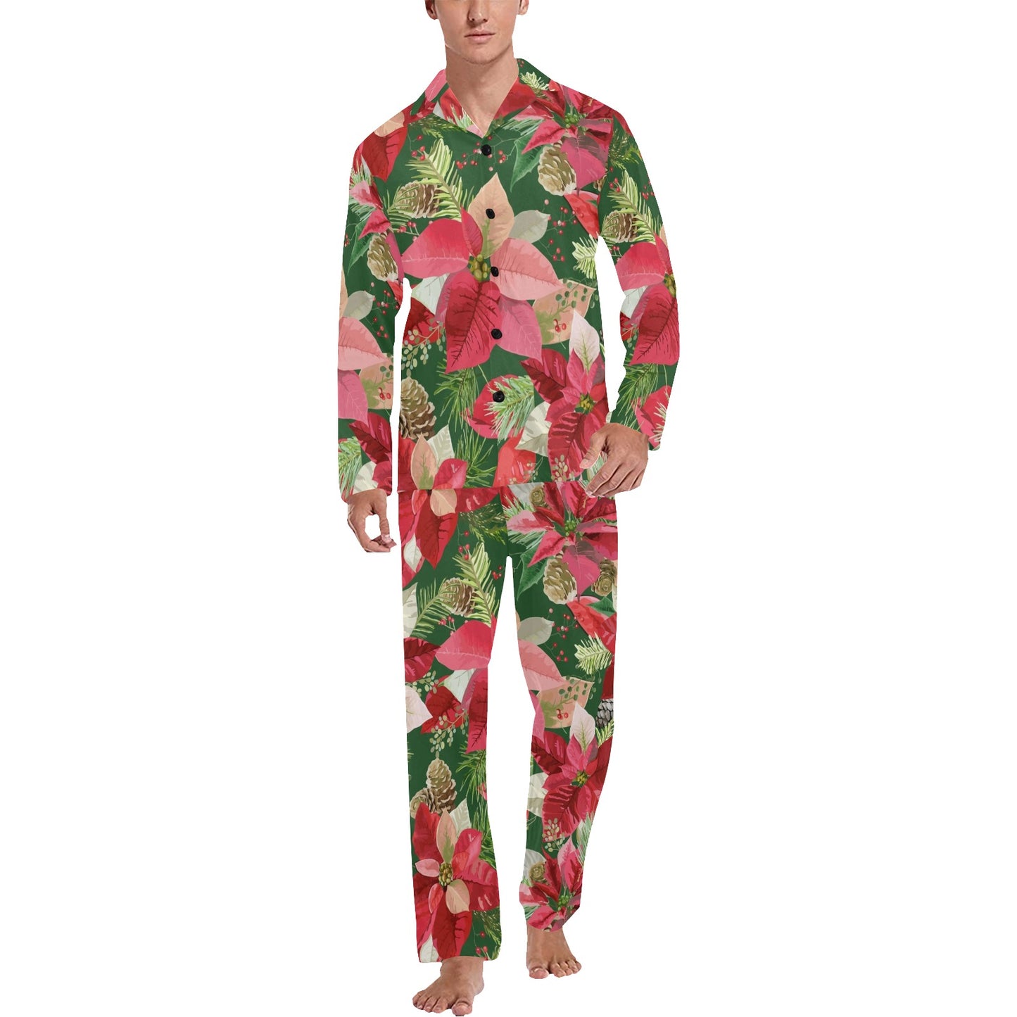 Poinsettia Pattern Print Design POT03 Men's Long Pajama Set