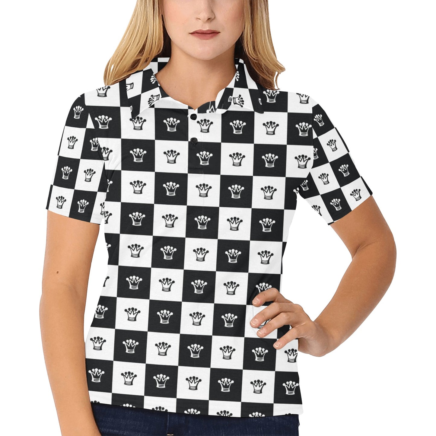 Checkered Flag Crown Pattern Women's Polo Shirt