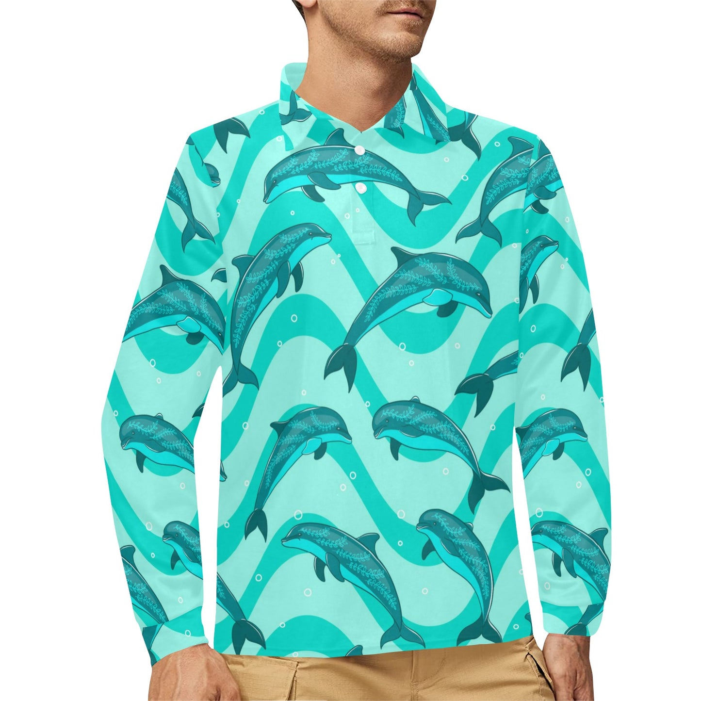 Dolphin Wave Print Long Sleeve Polo Shirt For Men's
