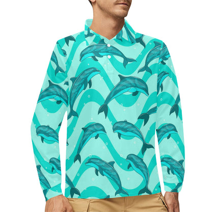 Dolphin Wave Print Long Sleeve Polo Shirt For Men's
