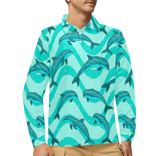 Dolphin Wave Print Long Sleeve Polo Shirt For Men's