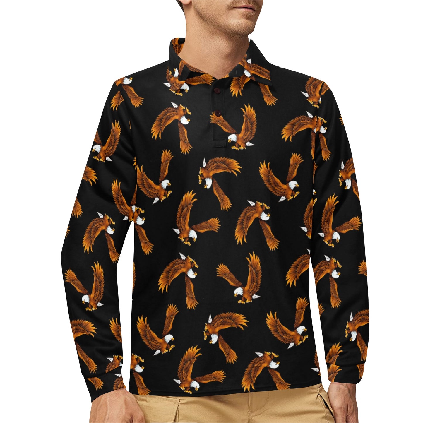 Eagles Print Pattern Long Sleeve Polo Shirt For Men's