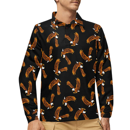 Eagles Print Pattern Long Sleeve Polo Shirt For Men's