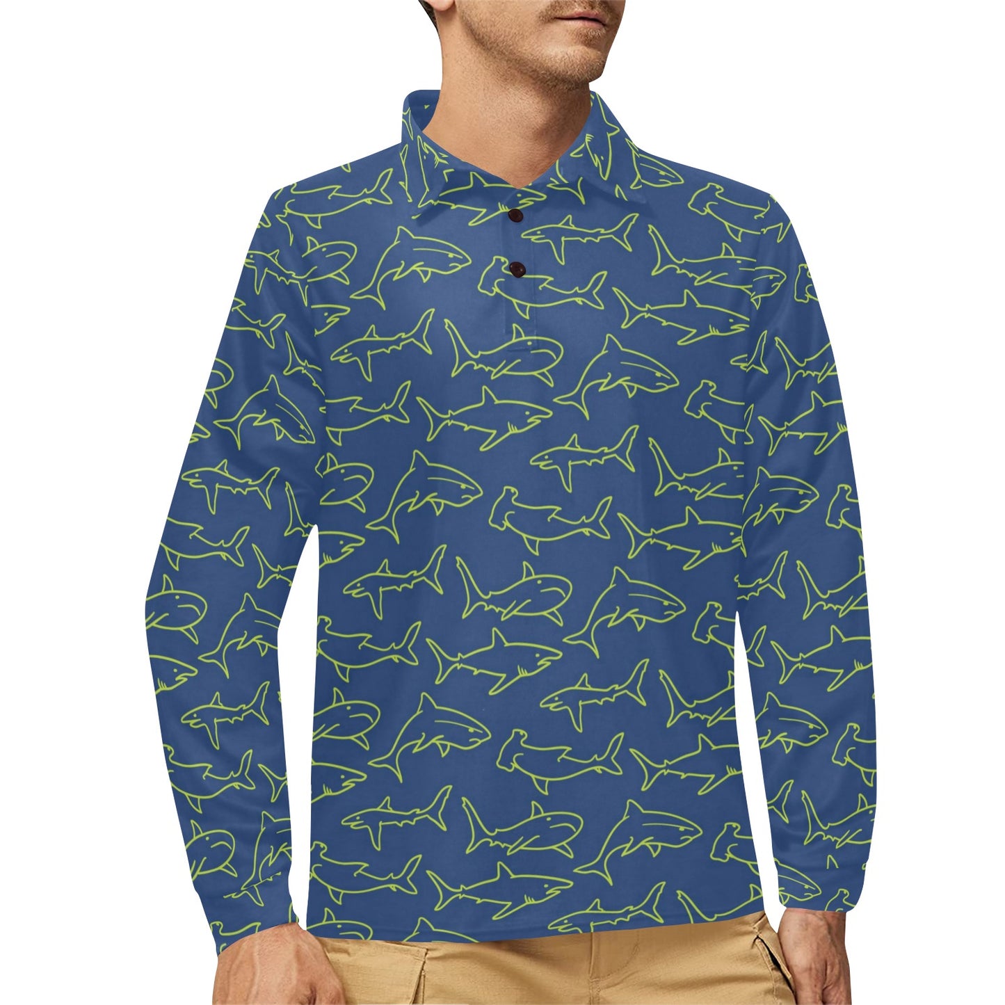 Shark Print Design LKS301 Long Sleeve Polo Shirt For Men's