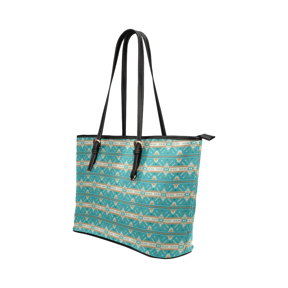 Southwest Native Design Themed Print Leather Tote Bag