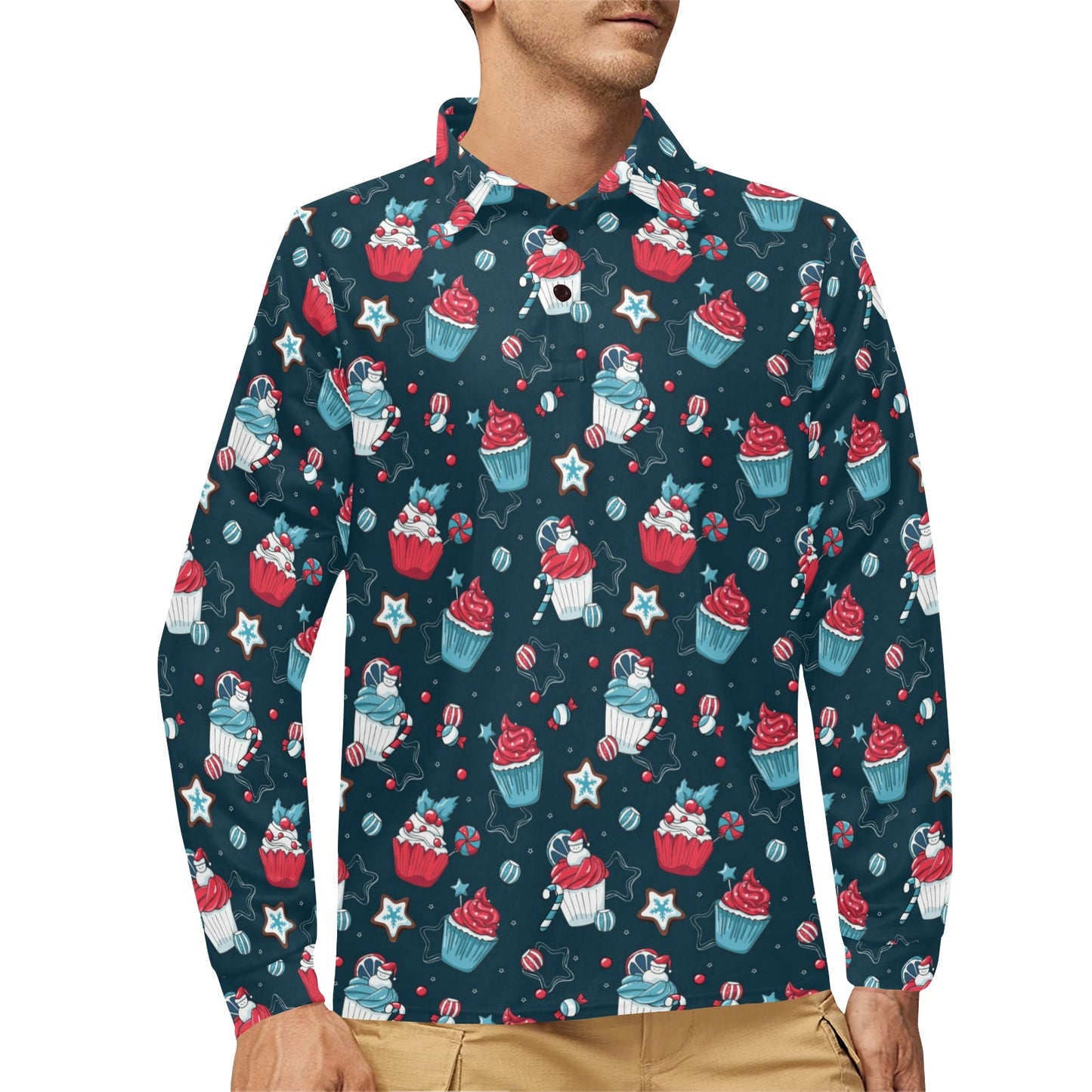 Cupcake Pattern Print Design 03 Long Sleeve Polo Shirt For Men's
