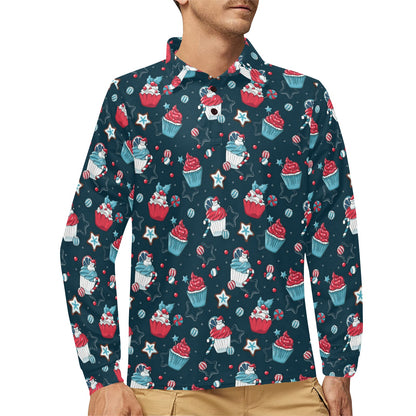 Cupcake Pattern Print Design 03 Long Sleeve Polo Shirt For Men's