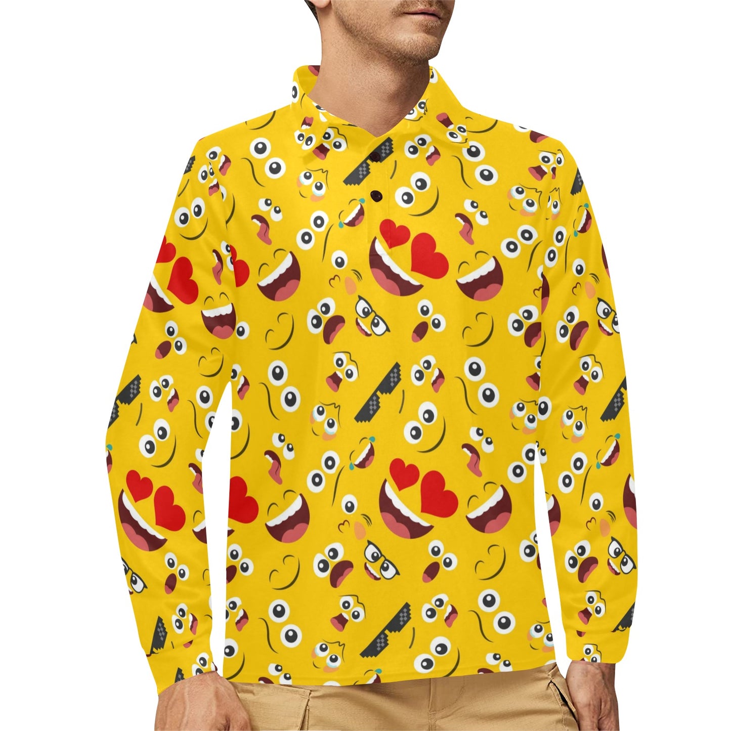 Emoji Face Print Pattern Long Sleeve Polo Shirt For Men's
