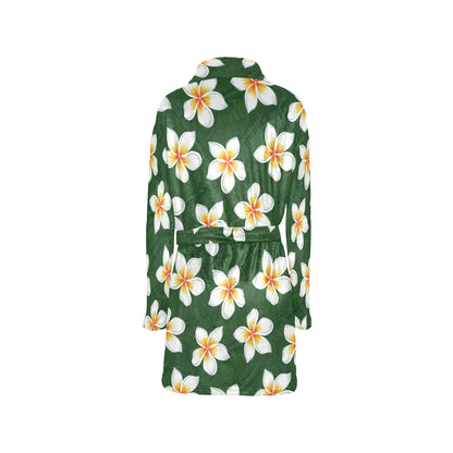 White Plumeria Pattern Print Design PM020 Women's Fleece Robe