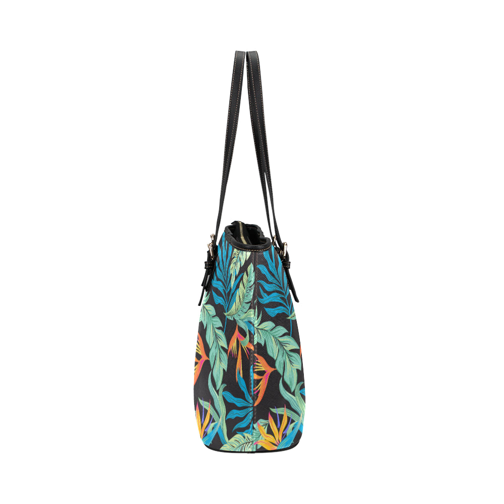 Tropical Palm Leaves Hawaiian Flower Leather Tote Bag