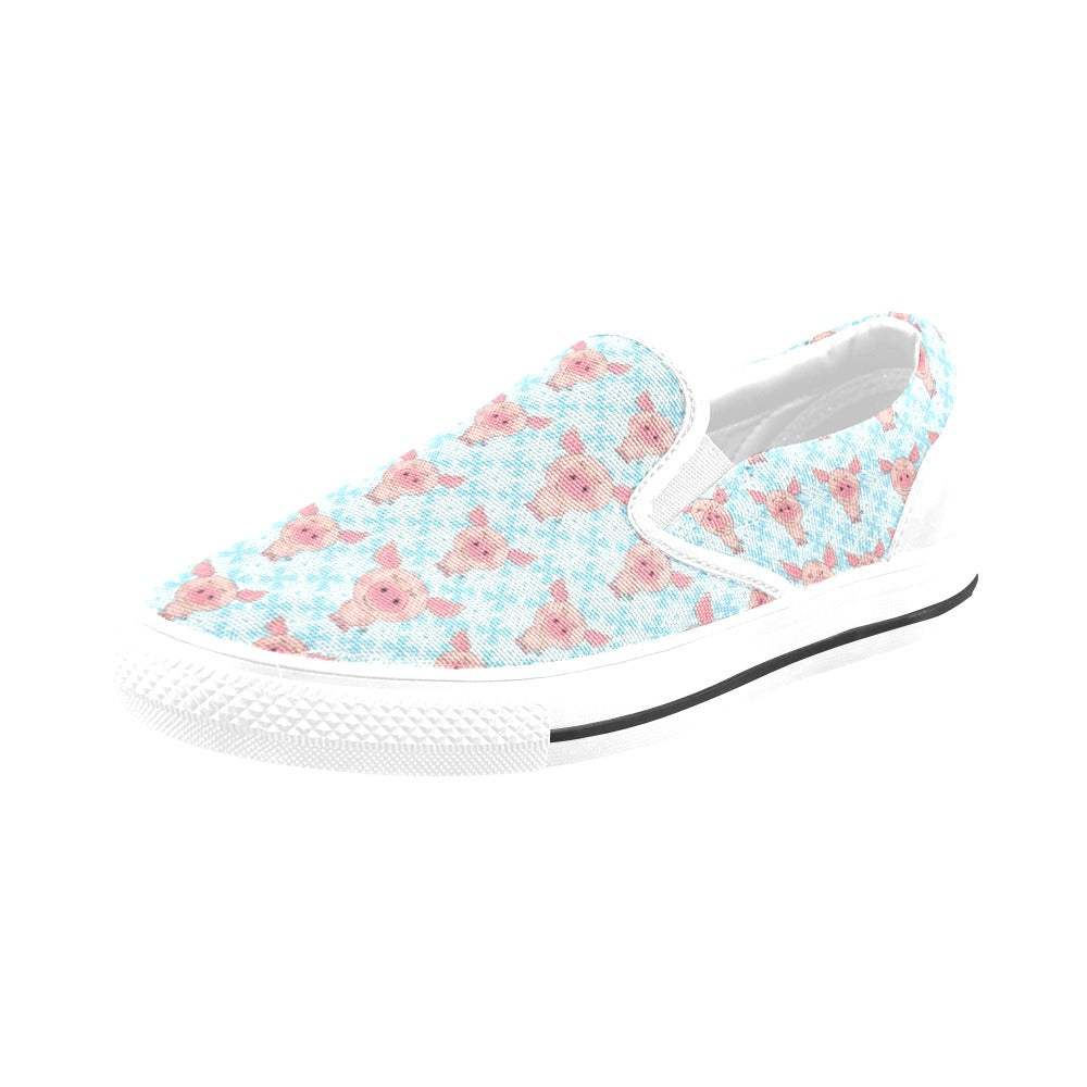 Pig Print Design LKS402 White Slip Ons Canvas Women's Shoes