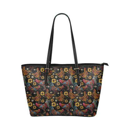 Chicken Embroidery Style Leather Tote Bag