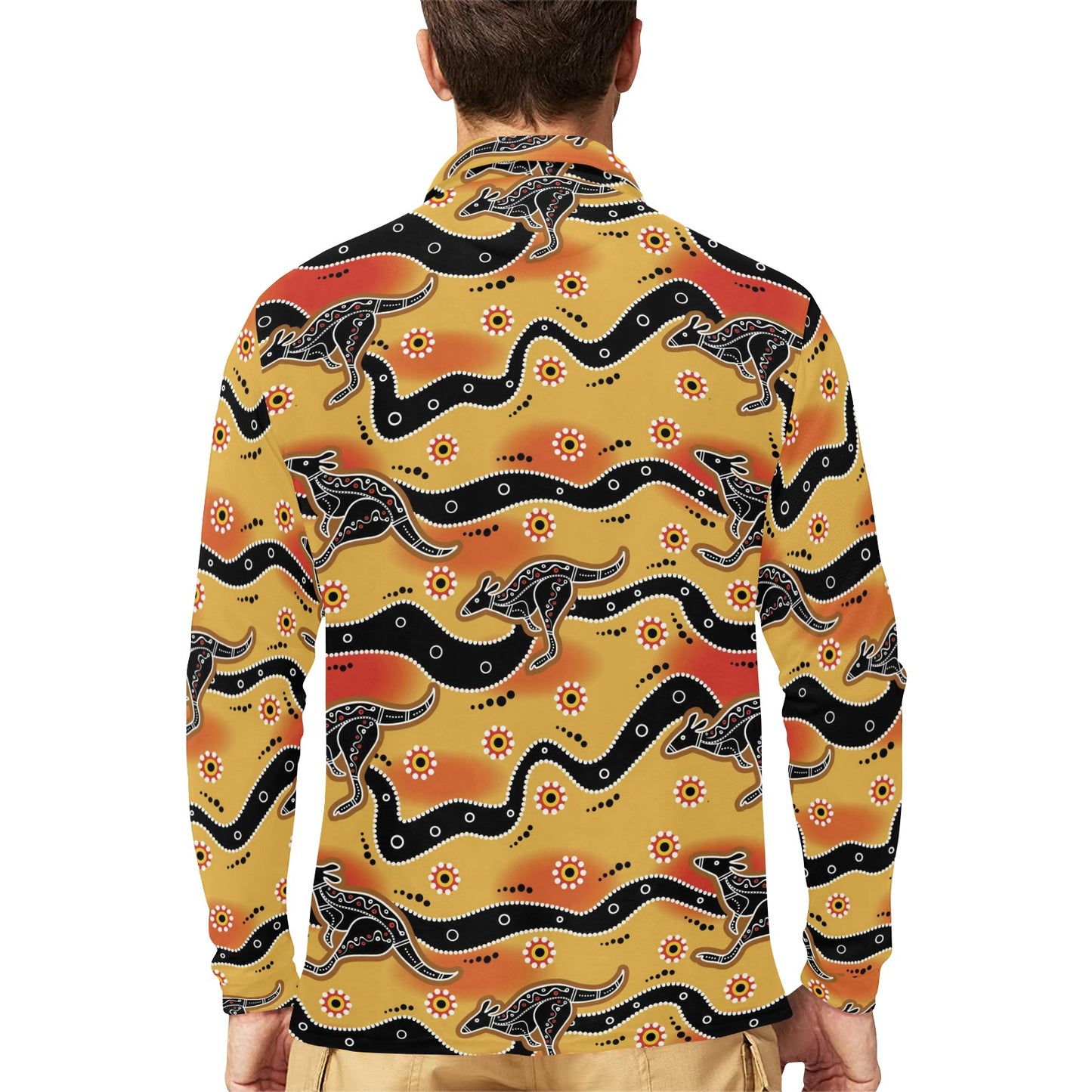 Kangaroos Aboriginal Pattern Print Design 06 Long Sleeve Polo Shirt For Men's