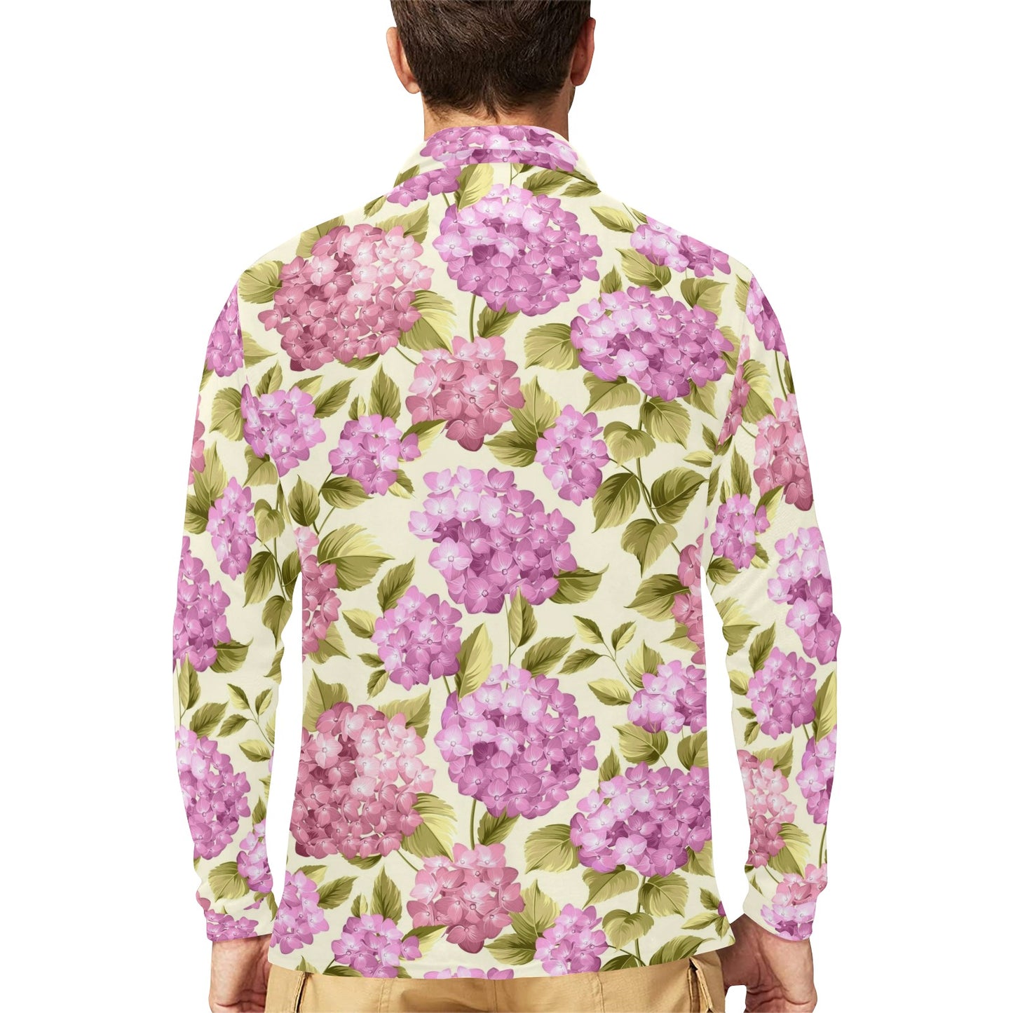 Hydrangea Pattern Print Design HD05 Long Sleeve Polo Shirt For Men's